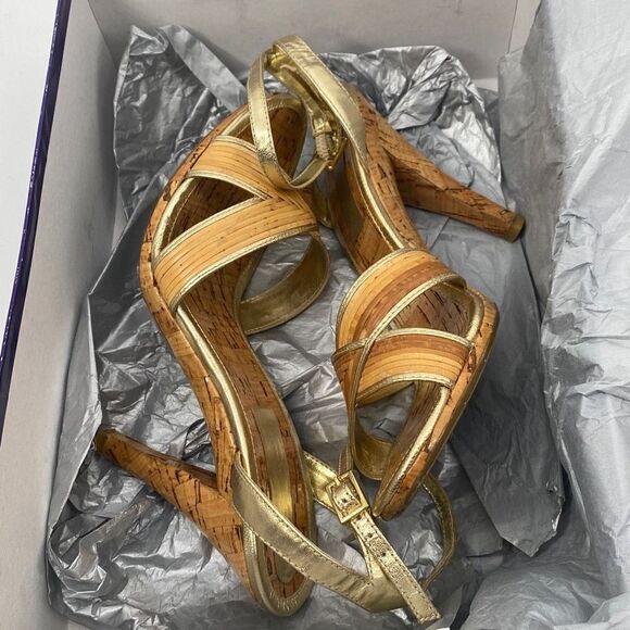 Enzo Angiolini Bamboo Easenya Open Toe Heels Leather‎ Gold Natural 6.5 - Picture 15 of 15